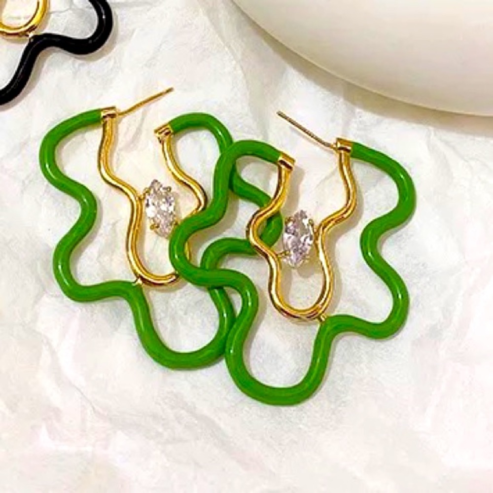 Gold Lime Green Enamel and Diamond zircon earrings